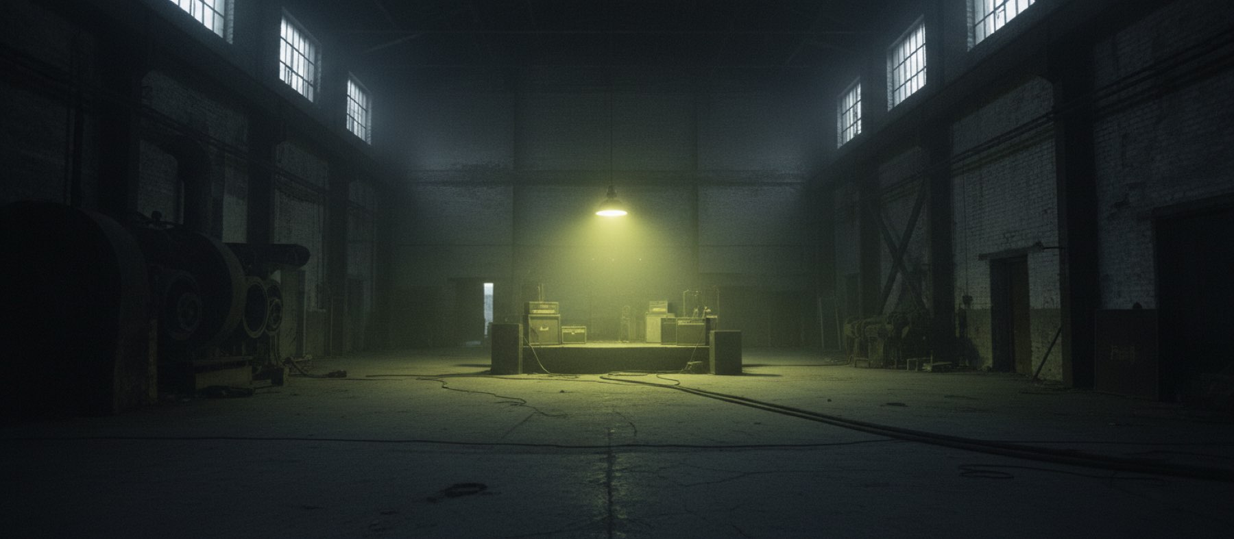 A disused industrial hall at night with a small stage at the far end under one work light
